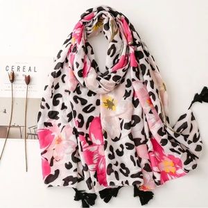 Pink Flower and Black Animal Print Tassel Scarf - Soft